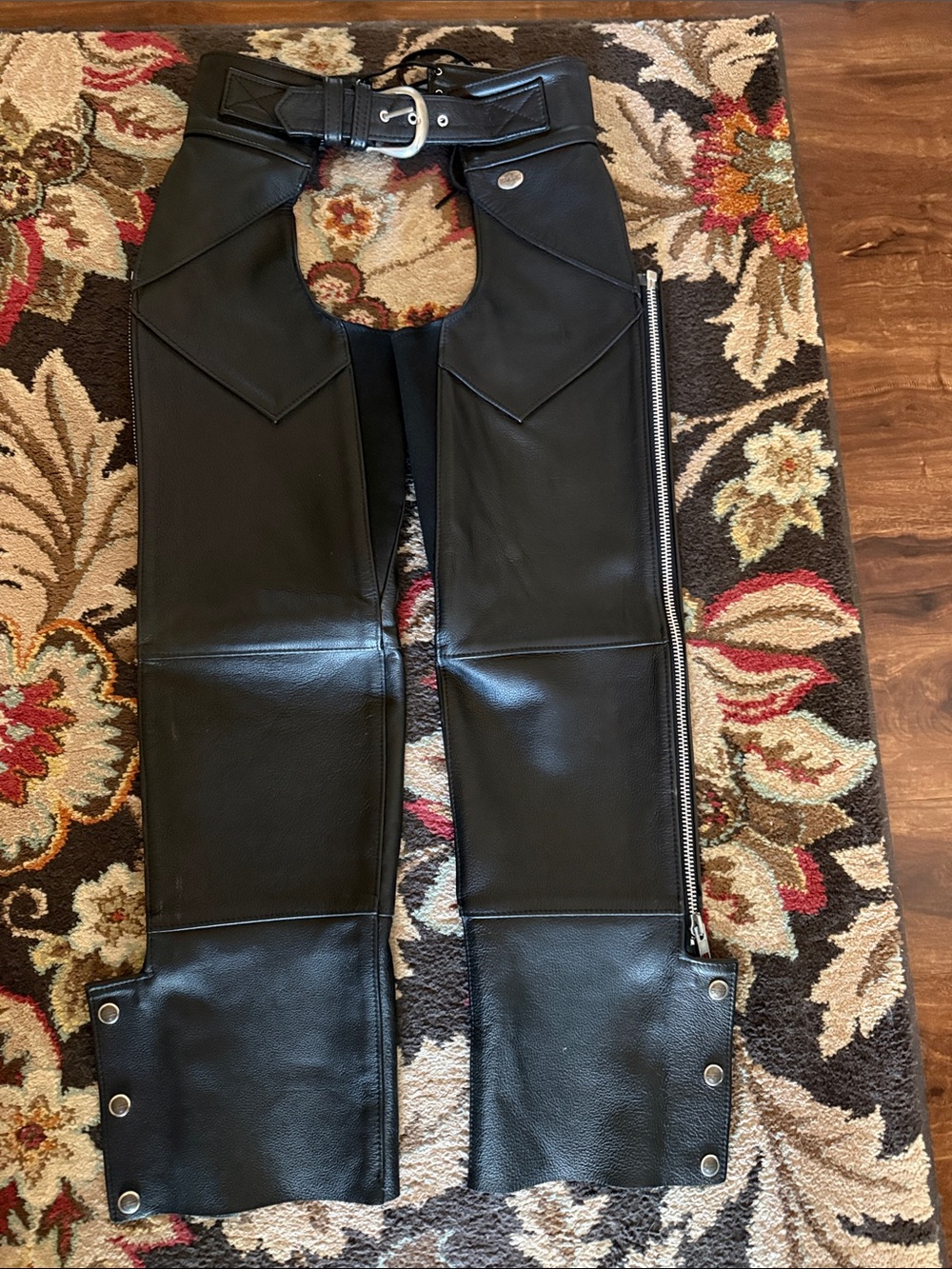 Harley-Davidson Black Leather Motorcycle Chaps with Silver Logo Badge